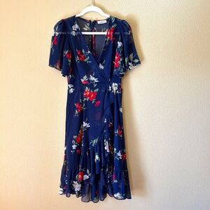Calvin Klein Flutter Short Sleeve Hi-Lo Red White Blue Floral Party Dress Size 4